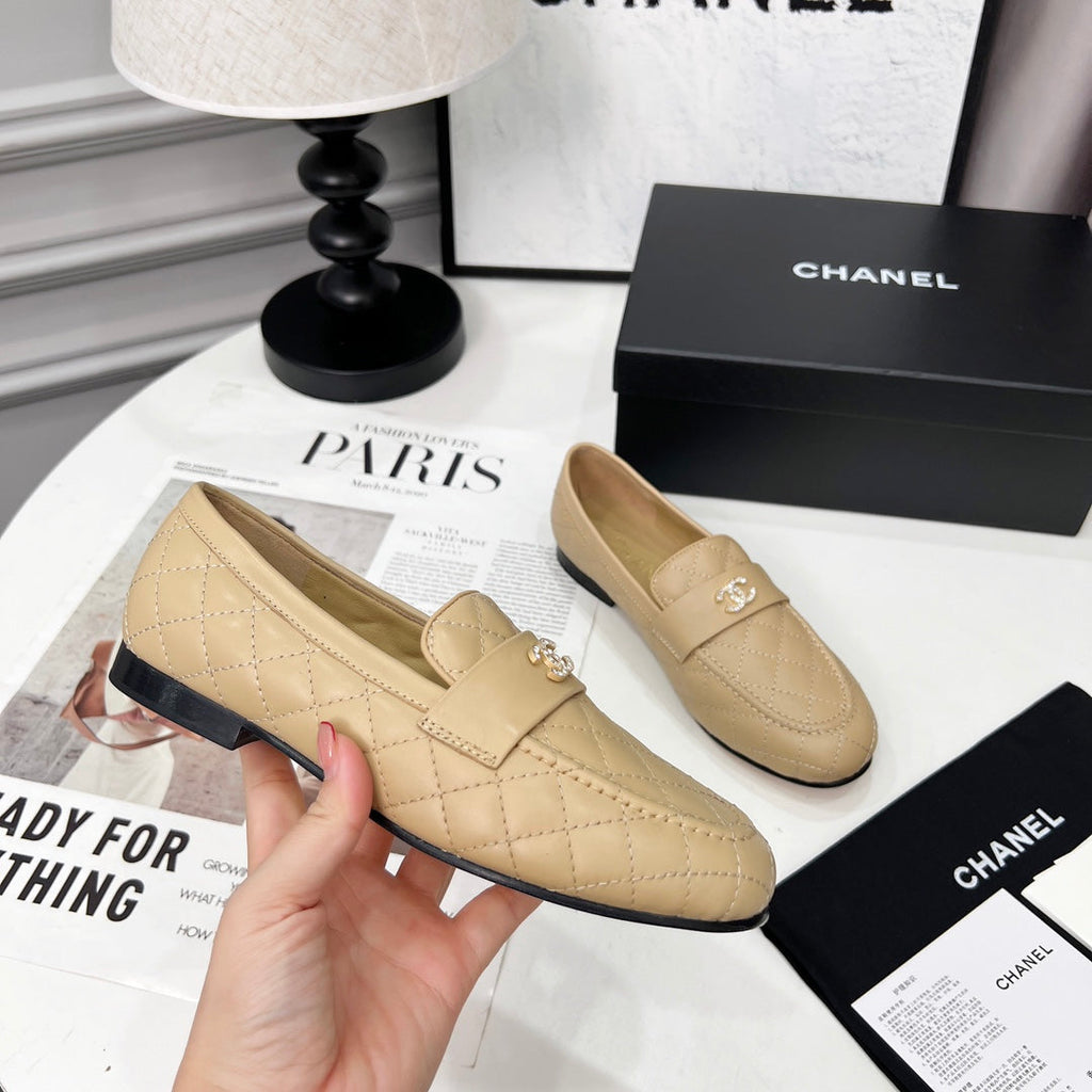 CHANEL 25S LOAFER DANCE SHOES IN BEIGE CALFSKIN GOLD HARDWRE